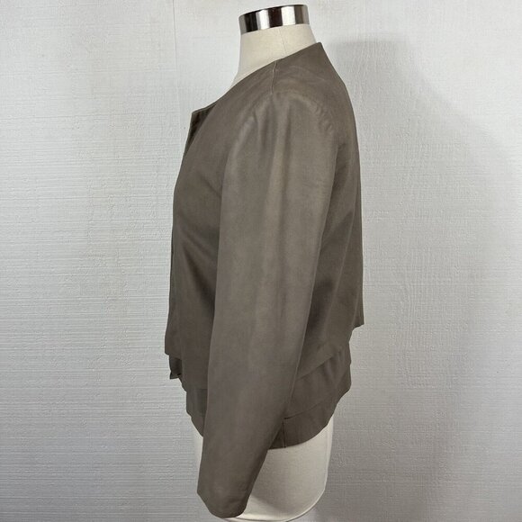 Joie Leather Jacket M Womens Beige Taupe Open Front Layered Hem Collarless - Picture 4 of 11